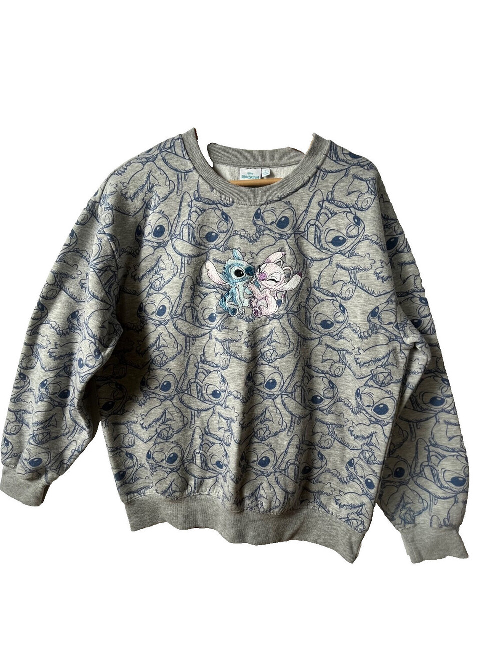 Disney Lilo & Stitch Angel Sweatshirt Gray All Over Print Embroidered Crewneck